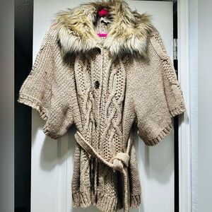 LOFT Beige Knit Sweater with Faux Fur Trim